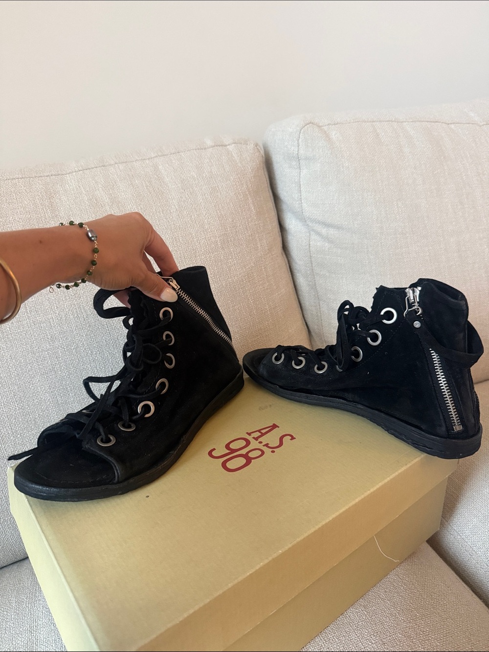 A.S.98  Regal Black Suede Lace-Up Ankle Boots with Side Zipper